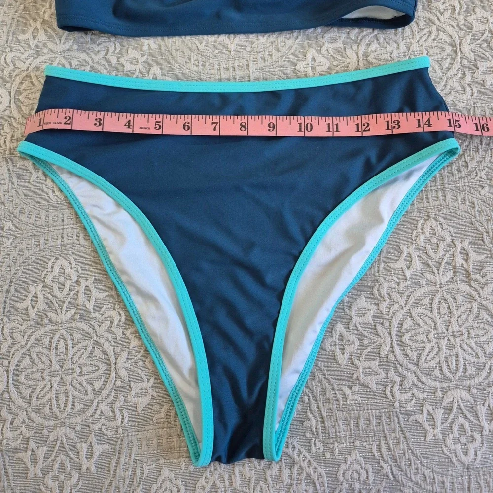 Teal High Neck High Waisted Bikini Set‎ Two Piece Swimsuit Teal Turquoise Size M